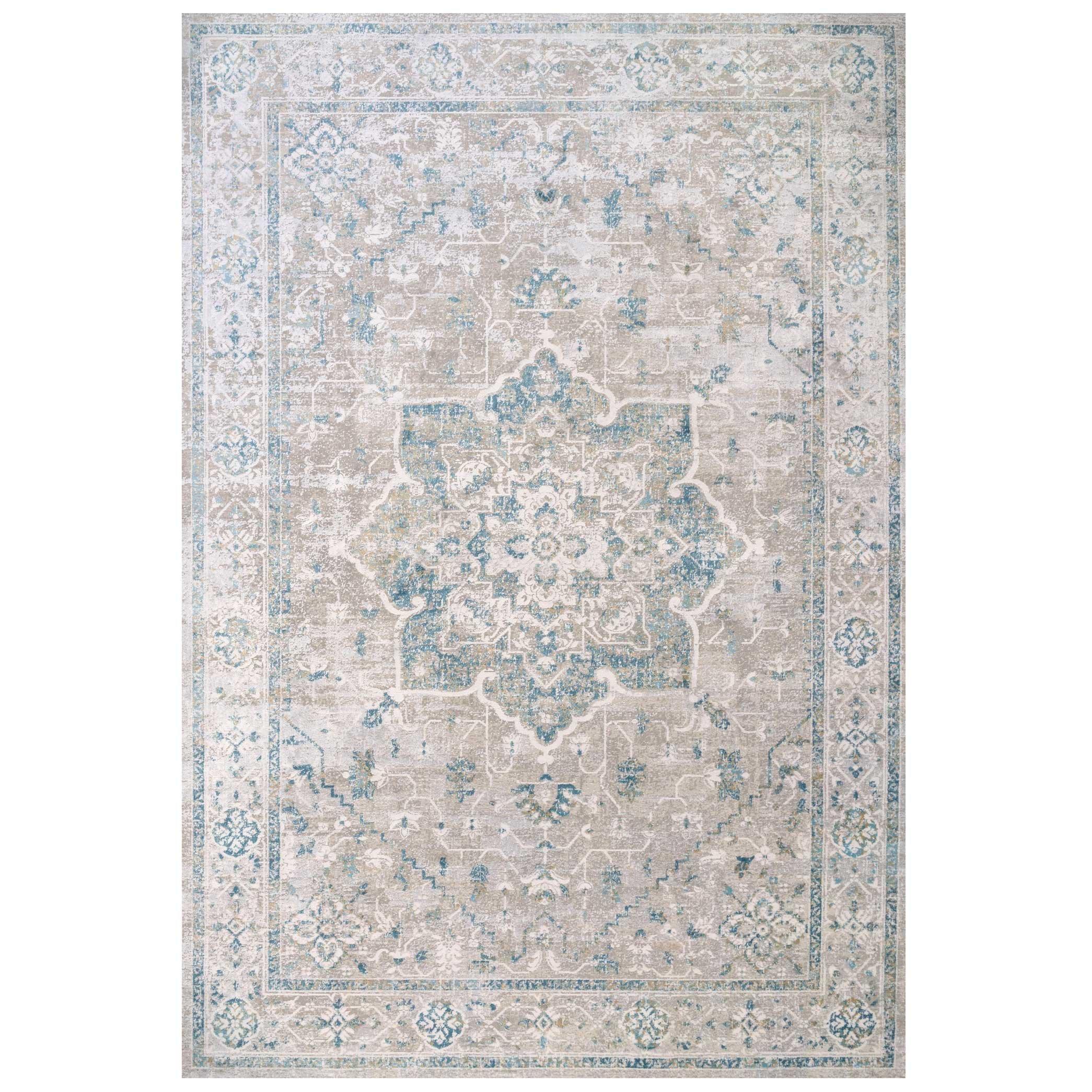 Blue Grey Floral Traditional Medallion Low Pile Area Rug